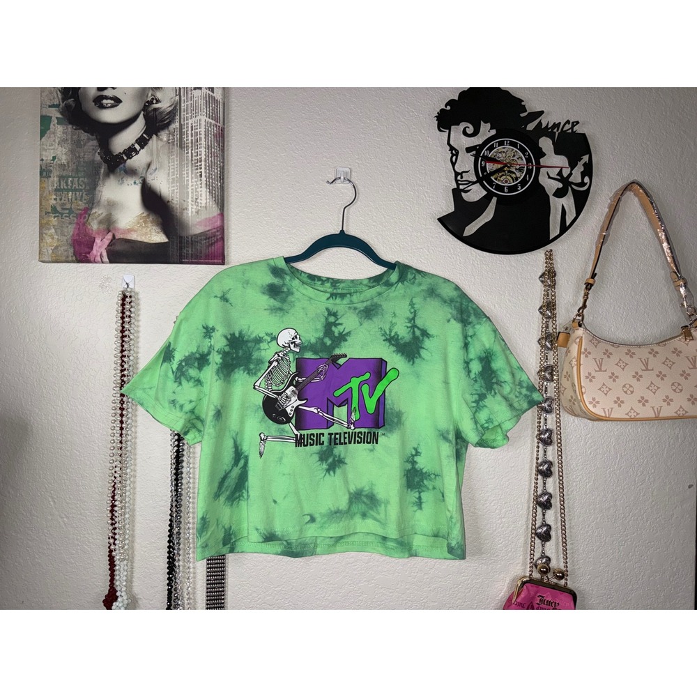 MTV Music Television Green Tie Dye Skeleton Guitar Graphic Crop Top Large